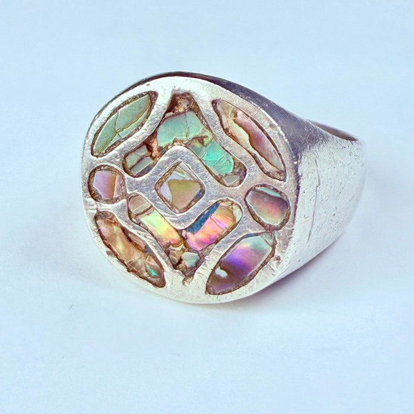 Unbranded Jewelry - Artisan Mosaic Abalone Shell Inlay Geometric Signet Sterling Silver 925 Ring VTG
